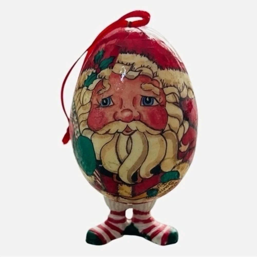 Vintage Multicolor Paper Mache Santa Claus Decoupage Christmas Ornament 3.5”